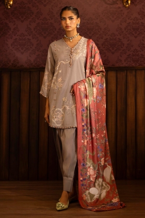 Sana Safinaz Embroidered Slub Suits Unstitched 3 Piece M243-006B-3AP - Luxury Winter Collection
