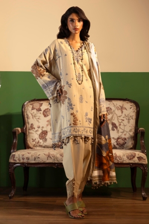 Sana Safinaz Embroidered Slub Suits Unstitched 3 Piece M243-015B-3CP - Luxury Winter Collection