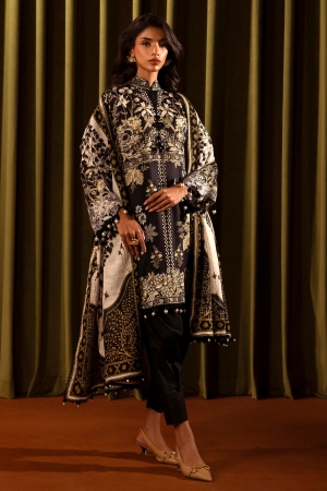 Sana Safinaz Embroidered Linen Suits Unstitched 3 Piece M243-020B-3CQ - Luxury Winter Collection