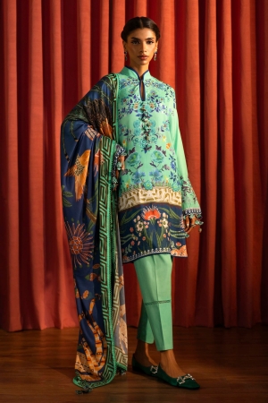 Sana Safinaz Embroidered Linen Suits Unstitched 3 Piece M243-022A-3DB - Luxury Winter Collection