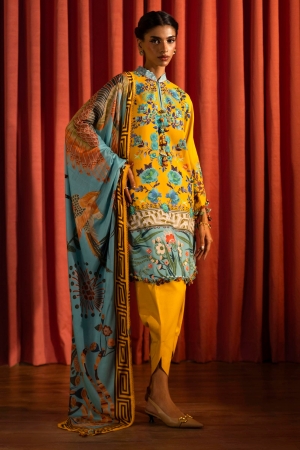 Sana Safinaz Embroidered Linen Suits Unstitched 3 Piece M243-022B-3DB - Luxury Winter Collection