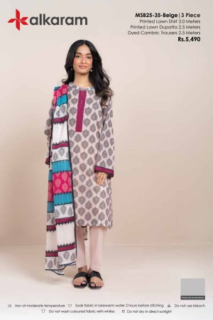 Alkaram Luxury Lawn Prints 3Pc Unstitched Suits - ALK-MSB25-35-Beige