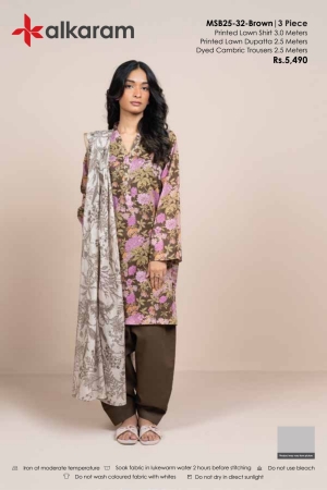 Alkaram Luxury Lawn Prints 3Pc Unstitched Suits - ALK-MSB25-32-Brown