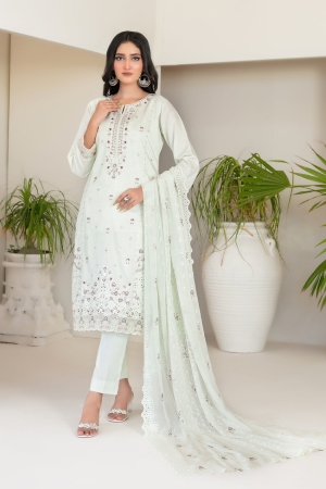 Tawakkal Fabrics Embroidered Viscose Zari Suits Unstitched 3 Piece (Embroidered Schiffli Chiffon Dupatta) - D-4388 - Najwa