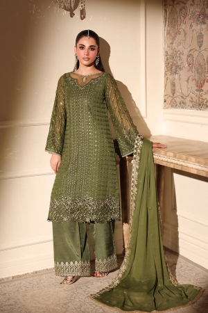 Ensembles by Azure Embroidered Unstitched Chiffon Suits 3 Piece AZU25EU ES-119 Moss Glow - Festive Collection