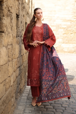 Rang Rasiya Embroidered Linen Suit With Herringbone Shawl Unstitched 3 Piece D-14 Cardamom - Winter Collection