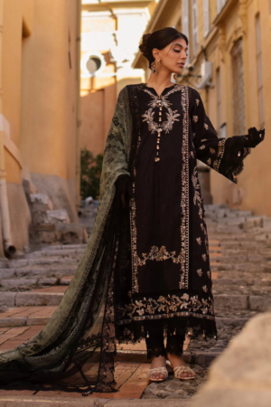 Zoha by Ansab Jahangir Embroidered Lawn Suit Unstitched 3 Piece ANJ25Z D-06 Black Lady - Summer Collection