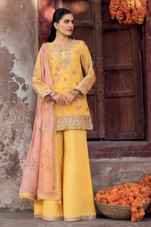 M basics by Maria B Unstitched Organza Embroidered Suits 3 Piece MB25WF D-804 Yellow -