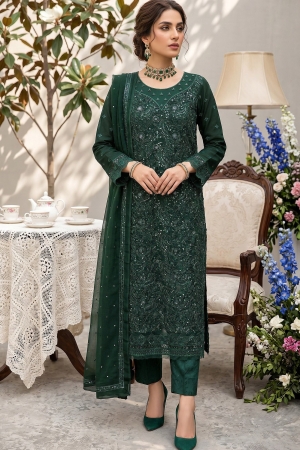 Merakish - Almas By Shahzeb Textiles Embroidered Chiffon Suits Unstitched 3 Piece ST26MK-V26- Emerald Spell