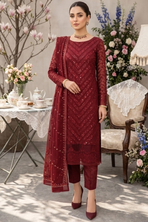 Merakish - Almas By Shahzeb Textiles Embroidered Chiffon Suits Unstitched 3 Piece ST26MK-V26- Maroon Royale