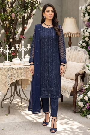Merakish - Almas By Shahzeb Textiles Embroidered Chiffon Suits Unstitched 3 Piece ST26MK-V26- Sapphire Serenade